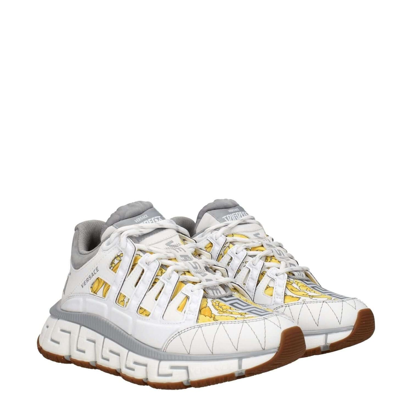 Alt Tag: Versace White Fabric Athletic Sneakers with logos and print, lace-up closure, leather material, and rubber sole.