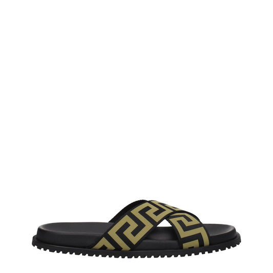 Versace Black Fabric Slippers with gold accents, casual open-toe design, rubber sole, low flat heel, style code F76789, side view.