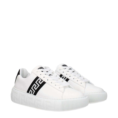 Versace White Leather Low Top Sneakers with black accents, lace-up closure, round toe, rubber sole, casual style, SKU: 10041841A007752W020.