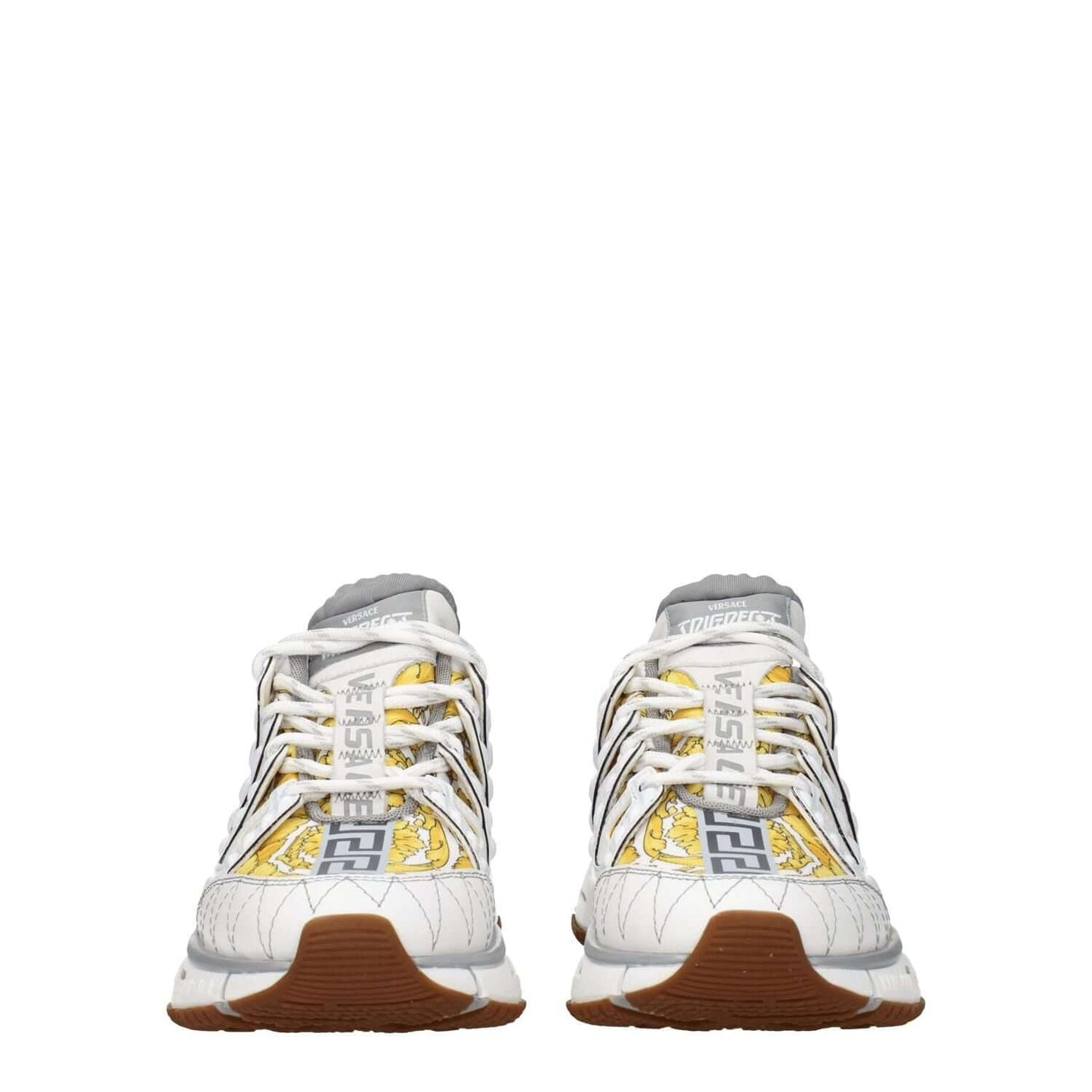 Versace White Fabric Athletic Sneakers with logos and lace-up closure, rubber sole, and mid heels for a casual look