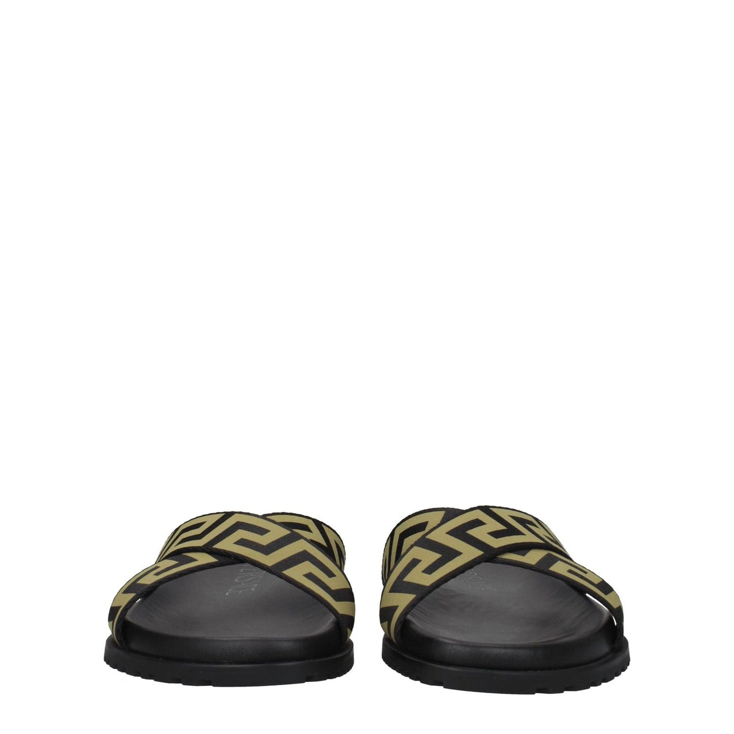 Versace Black Fabric Slippers with gold pattern, open toe, and rubber sole, designed for casual style.