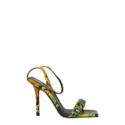 The Attico Multicolor Leather Stiletto Heel Sandals with aged effect and stones, snake print, buckle closure, and open toe design.