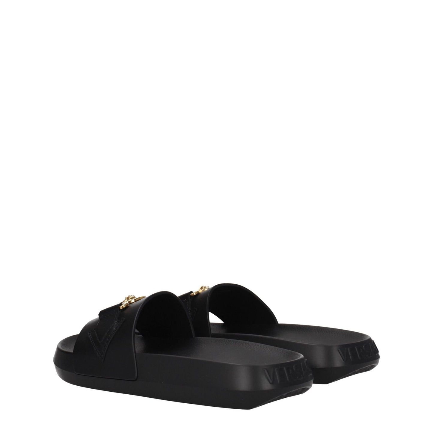 Versace Black Leather Slippers with gold front detail, open toe, flat rubber sole. MPN 1011304DV46G1B00V. Casual style footwear.