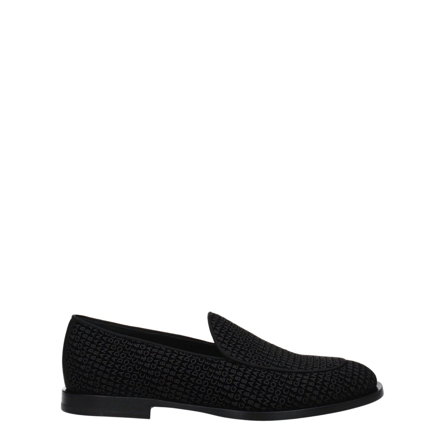 Dolce & Gabbana Black Velvet Slip-On Loafers with round toe and leather sole, featuring a stylish design and logo embossing.