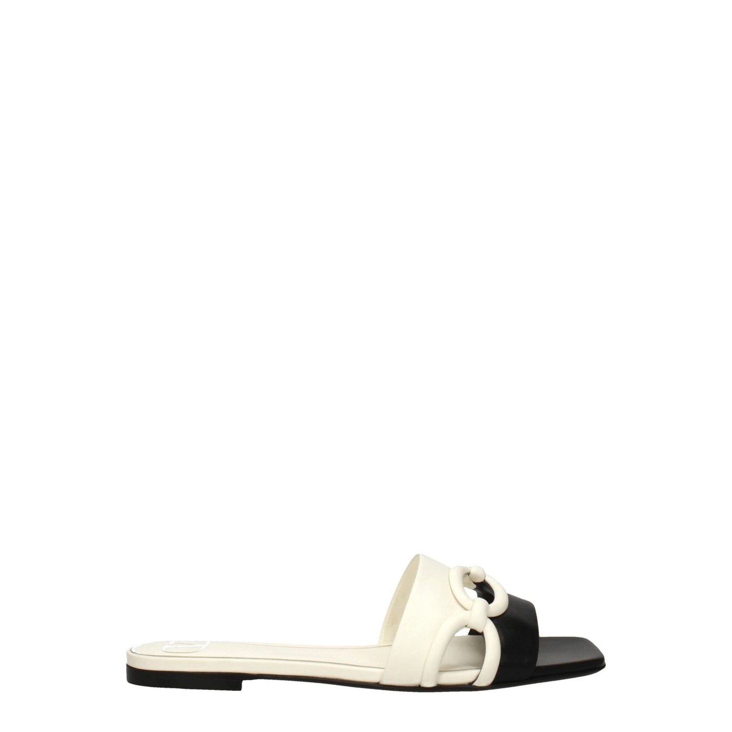 Valentino Garavani Black Leather Slippers, open toe, low flat heel, ivory accents, MPN S0GH7ZUC790, casual style.