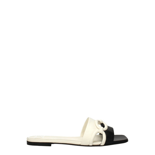 Valentino Garavani Black Leather Slippers, open toe, low flat heel, ivory accents, MPN S0GH7ZUC790, casual style.