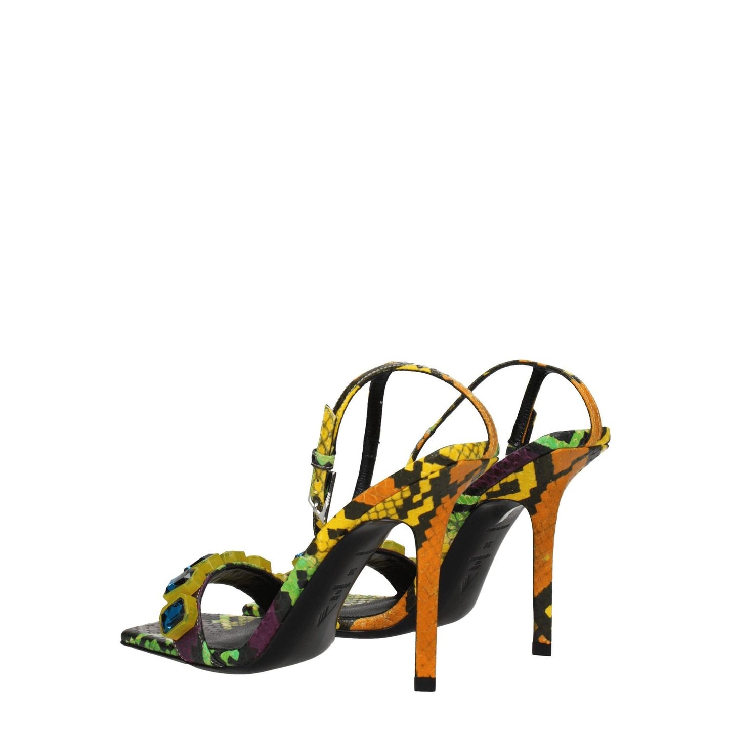 The Attico Multicolor Leather Stiletto Heel Sandals with snake print, open toe, high heel, buckle closure, and aged effect.