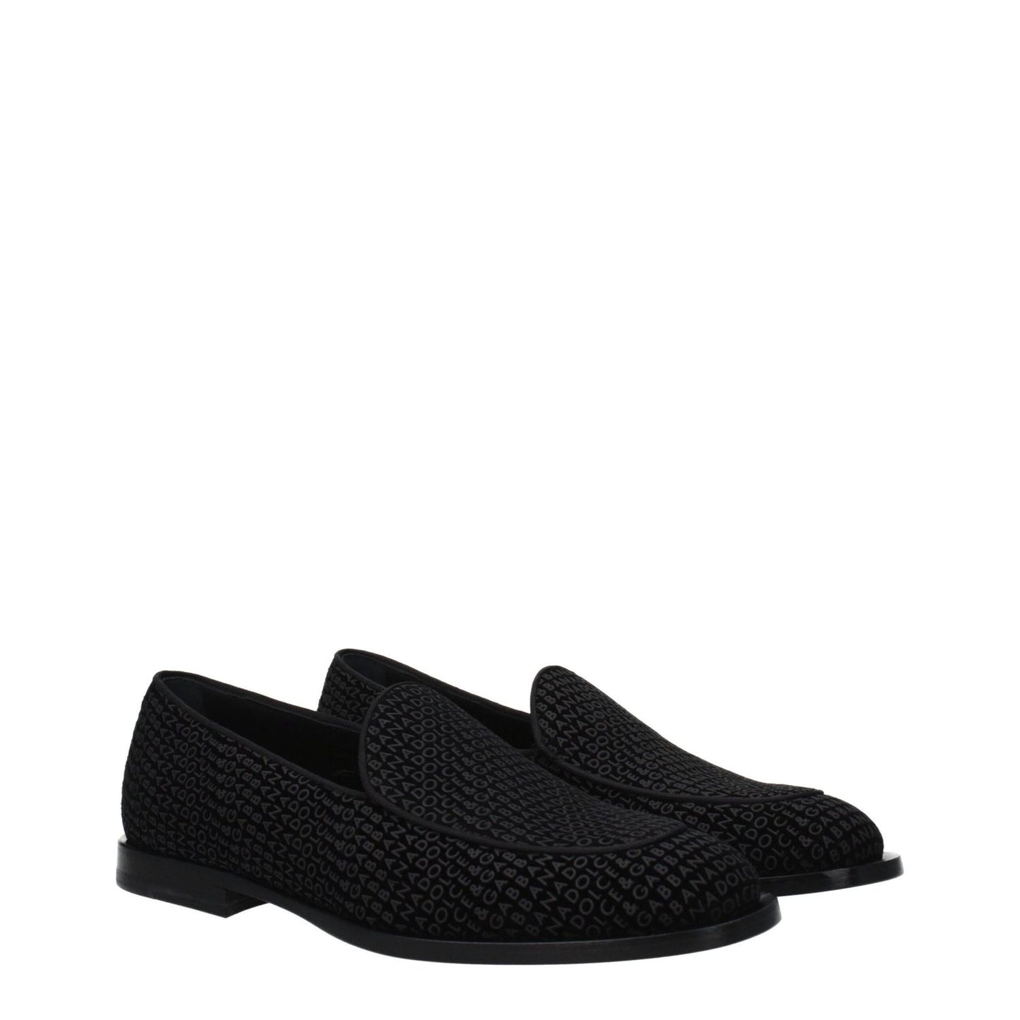 Dolce & Gabbana Black Velvet Slip-On Loafers with leather sole and round toe, featuring stylish logo details.