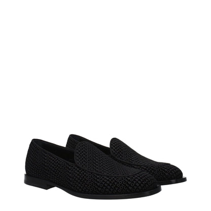Dolce & Gabbana Black Velvet Slip-On Loafers with leather sole and round toe, featuring stylish logo details.