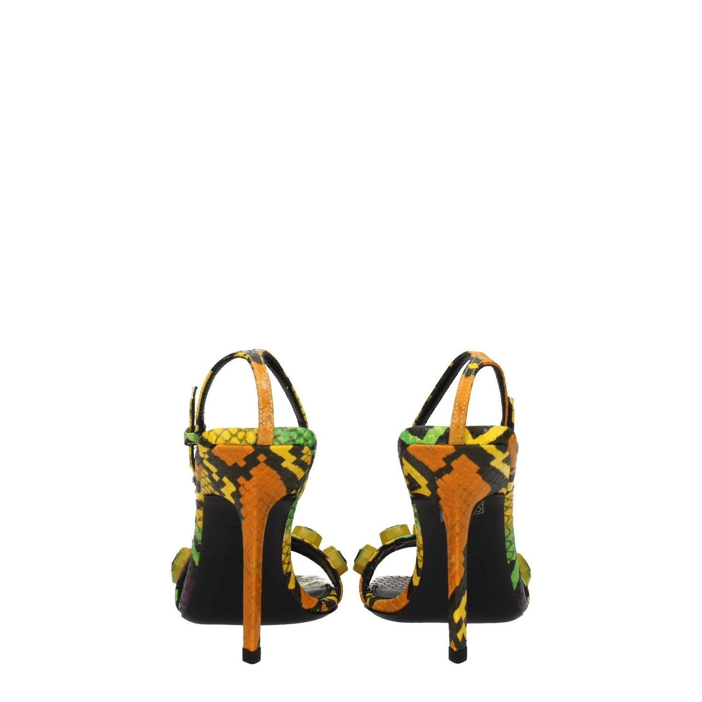 The Attico Multicolor Leather Stiletto Heel Sandals with snake print and buckle closure, high heel, and open toe design.