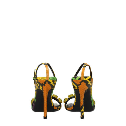 The Attico Multicolor Leather Stiletto Heel Sandals with snake print and buckle closure, high heel, and open toe design.