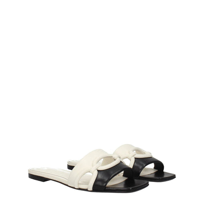Valentino Garavani Black Leather Slippers with ivory accents, open toe, low flat heel, style S0GH7ZUC790 for casual wear.