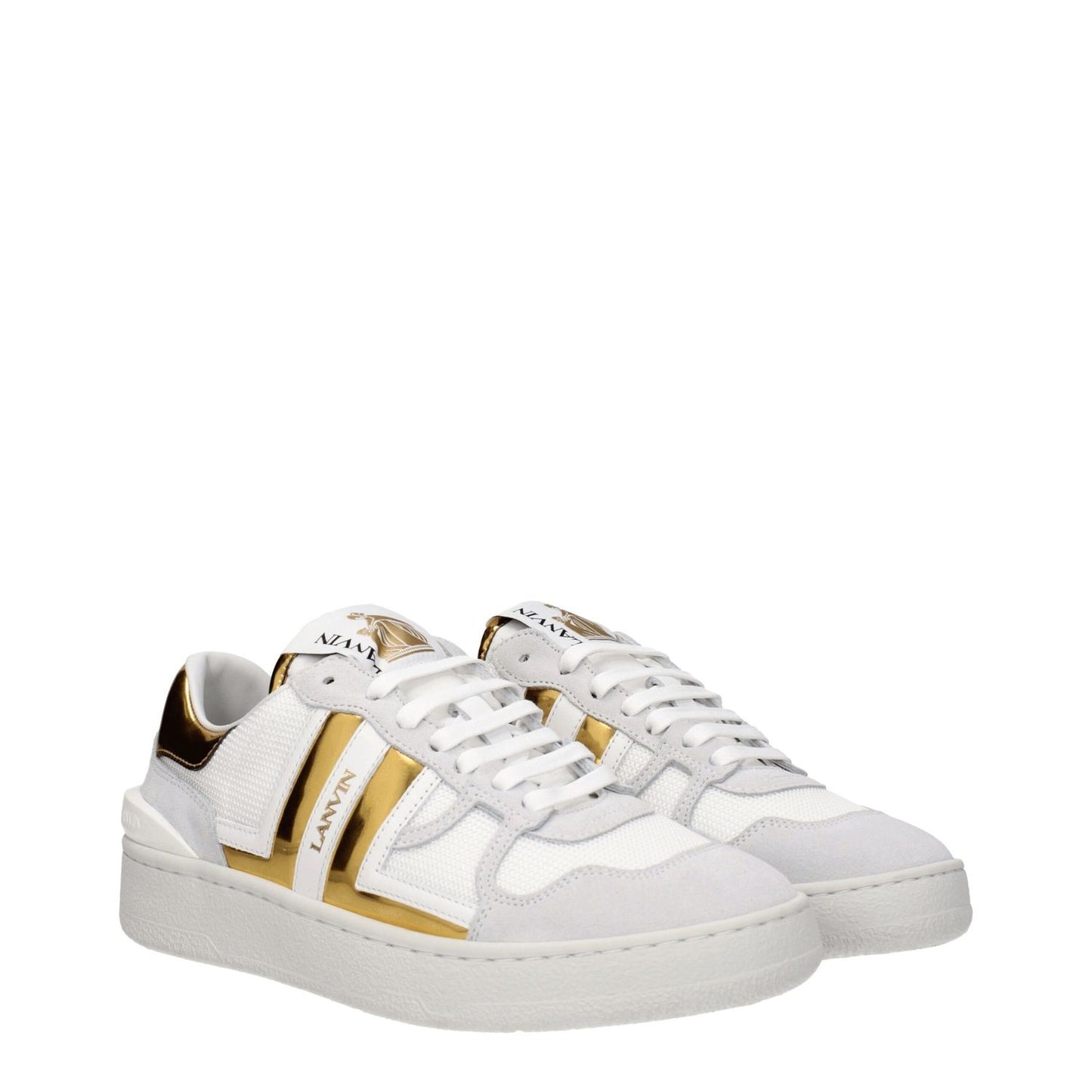 Lanvin White Fabric Low Top Sneakers with gold accents, casual lace-up leather design featuring front and back logos, rubber sole and round toe.