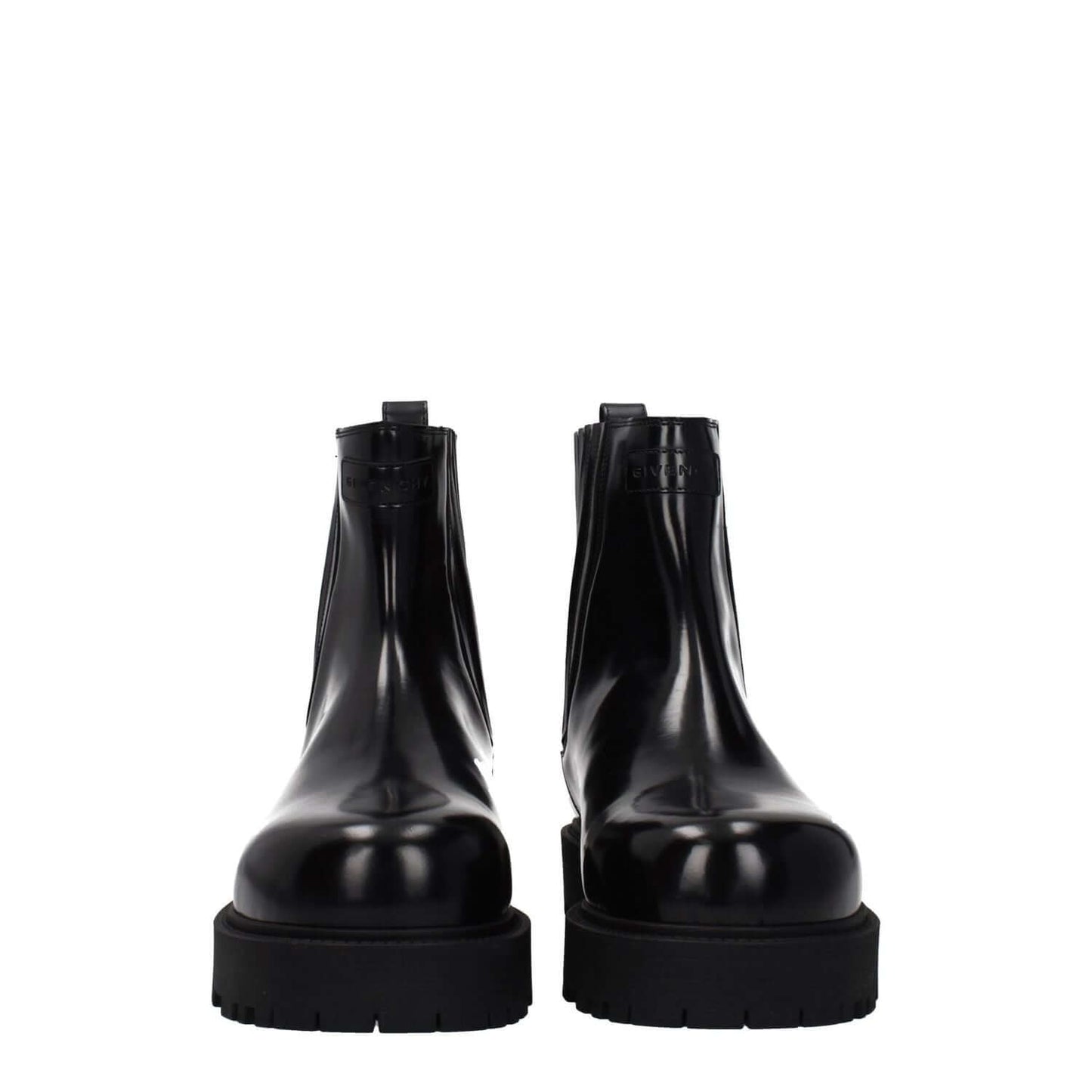 Givenchy Black Leather Ankle Boots with front and back logo, featuring a rubber sole and round toe design.