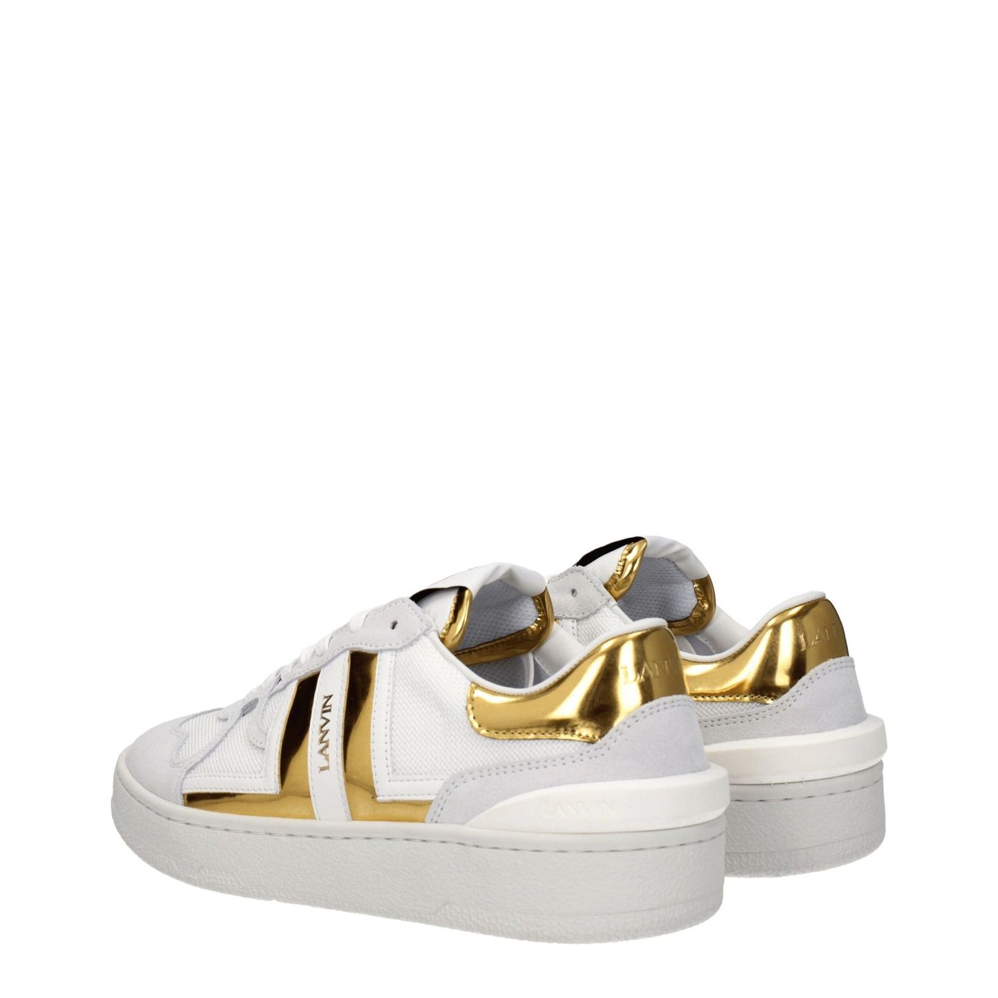 Lanvin White Fabric Low Top Sneakers with gold accents, lace-up closure, and round toe design.