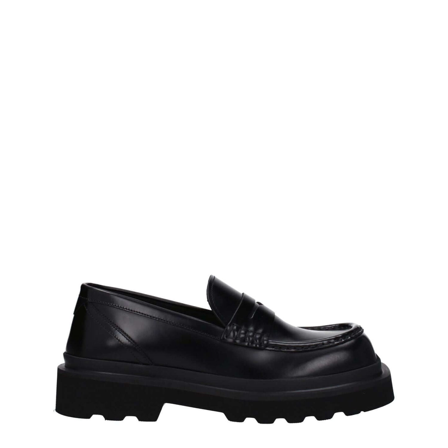 Dolce & Gabbana Black Leather Slip-On Loafers with square toe and rubber sole, mid heel style.