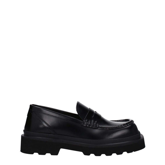 Dolce & Gabbana Black Leather Slip-On Loafers with square toe and rubber sole, mid heel style.
