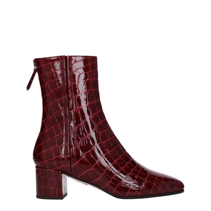 Aquazzura Red Leather Ankle Boots with zip closure, crocodile print, and mid heels. Features square toe and sleek aubergine color accents.