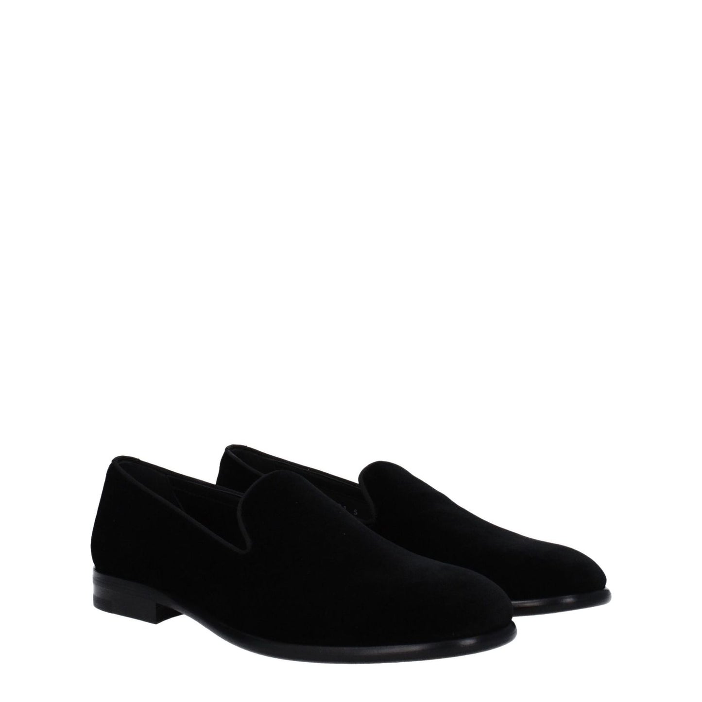 Dolce & Gabbana Black Velvet Slip-On Loafers with round toe, leather sole, and low flat heel, stylish footwear.