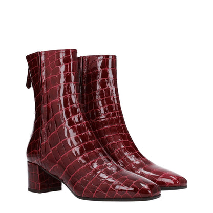 Aquazzura Red Leather Ankle Boots with crocodile print, mid heels, square toe, and zip closure. Casual style, leather sole, aubergine accents.