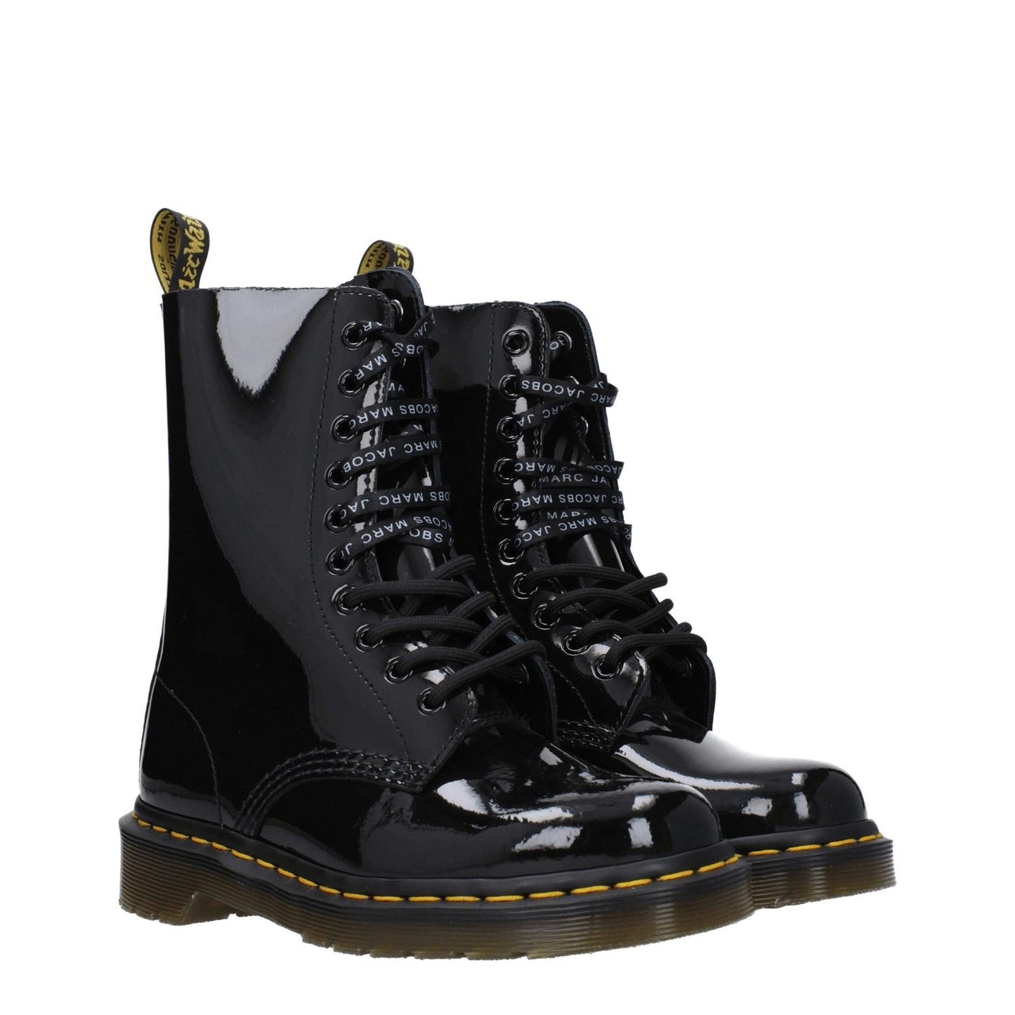 Dr. Martens Black Leather Ankle Boots with patent leather, lace-up closure, and rubber sole, style D1490MJ25005001, casual round-toe design.