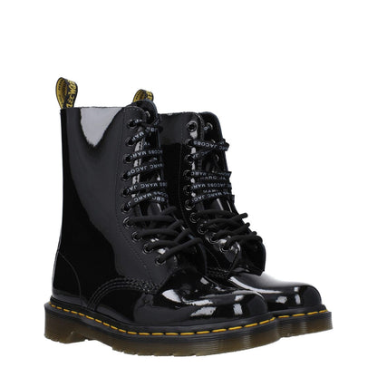 Dr. Martens Black Leather Ankle Boots with patent leather, lace-up closure, and rubber sole, style D1490MJ25005001, casual round-toe design.