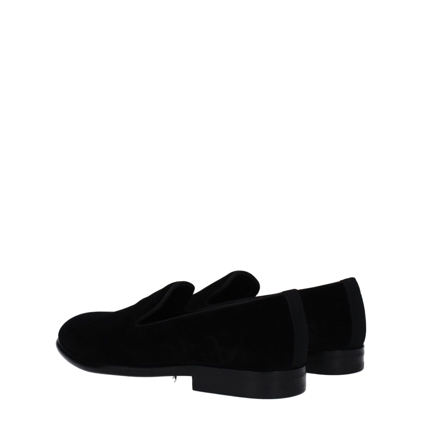 Dolce & Gabbana Black Velvet Slip-On Loafers with leather sole and round toe, side view showcasing stylish design.