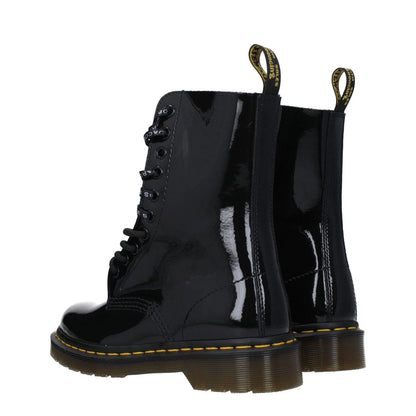 Dr. Martens Black Leather Ankle Boots with patent finish, lace-up closure, round toe, rubber sole, and 3 cm heel.