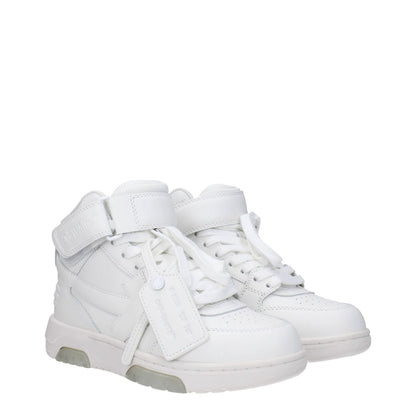 Off-White White Leather High Top Sneakers with strap closure, featuring side detail and logos, crafted from leather with rubber sole.