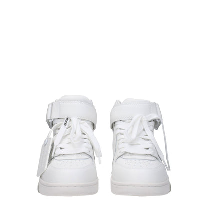 Off-White White Leather High Top Sneakers with side detail and strap closure.