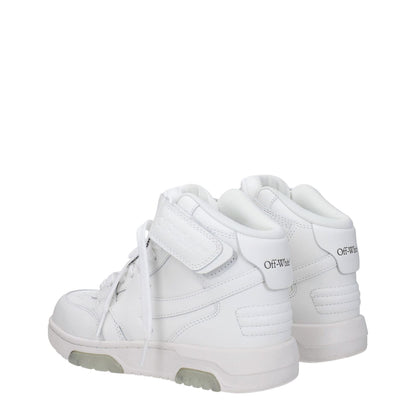 Off-White White Leather High Top Sneakers with rubber sole and strap closure.