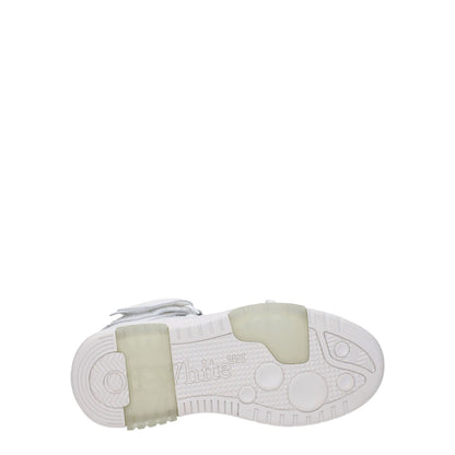Sole view of Off-White White Leather High Top Sneakers with rubber sole and strap closure.