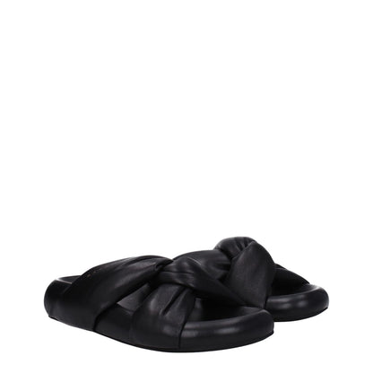 Marni Black Leather Slippers with open toe and side logo details, featuring a mid heel and rubber sole, casual style.