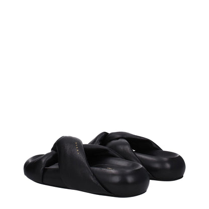 Alt Tag: Marni Black Leather Slippers with side logo, casual style, open toe, rubber sole, mid heel, designed for comfort and elegance.
