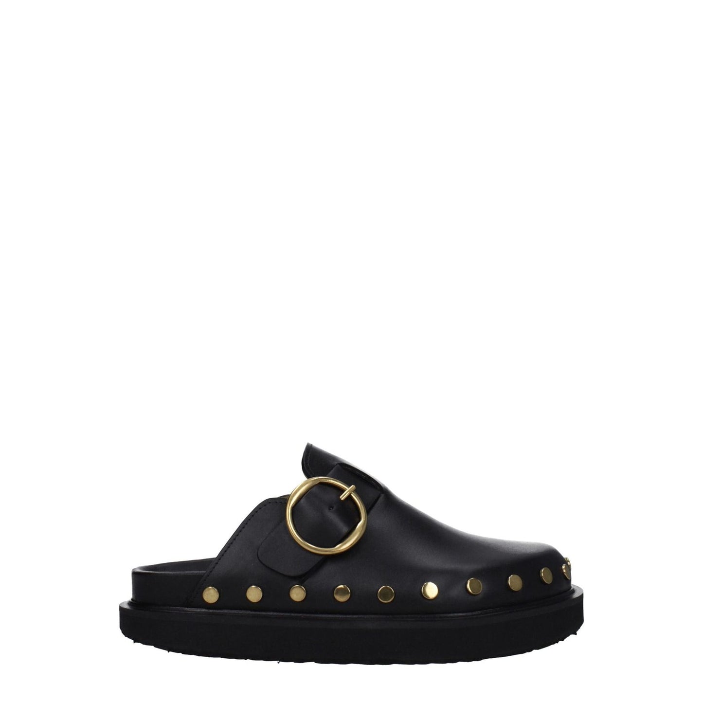 Isabel Marant Black Leather Slippers with gold studs, vintage style, buckle closure, round toe, low flat heel, rubber sole.