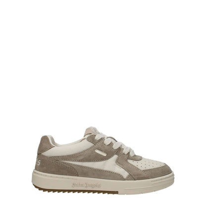 Palm Angels Beige Fabric Low Top Sneakers with suede material, round toe, lace-up closure, and logos on front, side, and back.