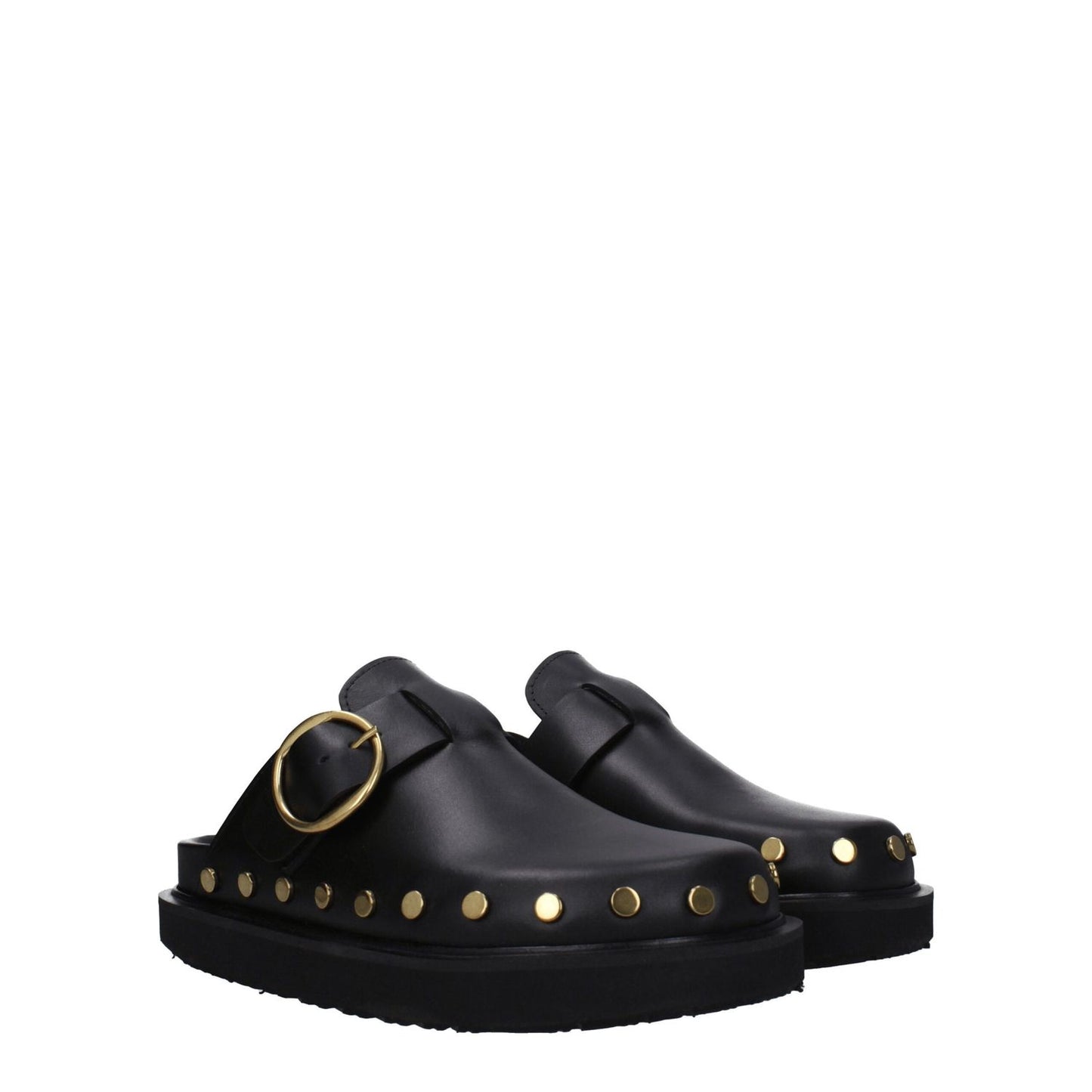 Isabel Marant Black Leather Slippers with gold studs, vintage style, buckle closure, rubber sole, round toe, and low flat heel.