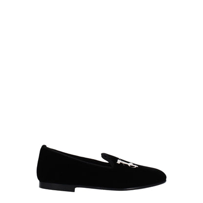Palm Angels Black Velvet Slip-On Loafers with front logo, leather sole, round toe, low flat heel, casual style.