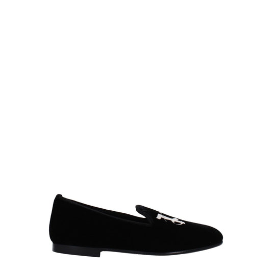 Palm Angels Black Velvet Slip-On Loafers with front logo, round toe, and leather sole; casual style.