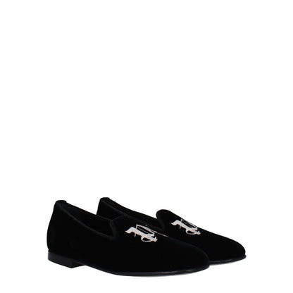 Palm Angels Black Velvet Slip-On Loafers with front logo, round toe, leather sole, casual style, MPN PWIG004FAB0011000.