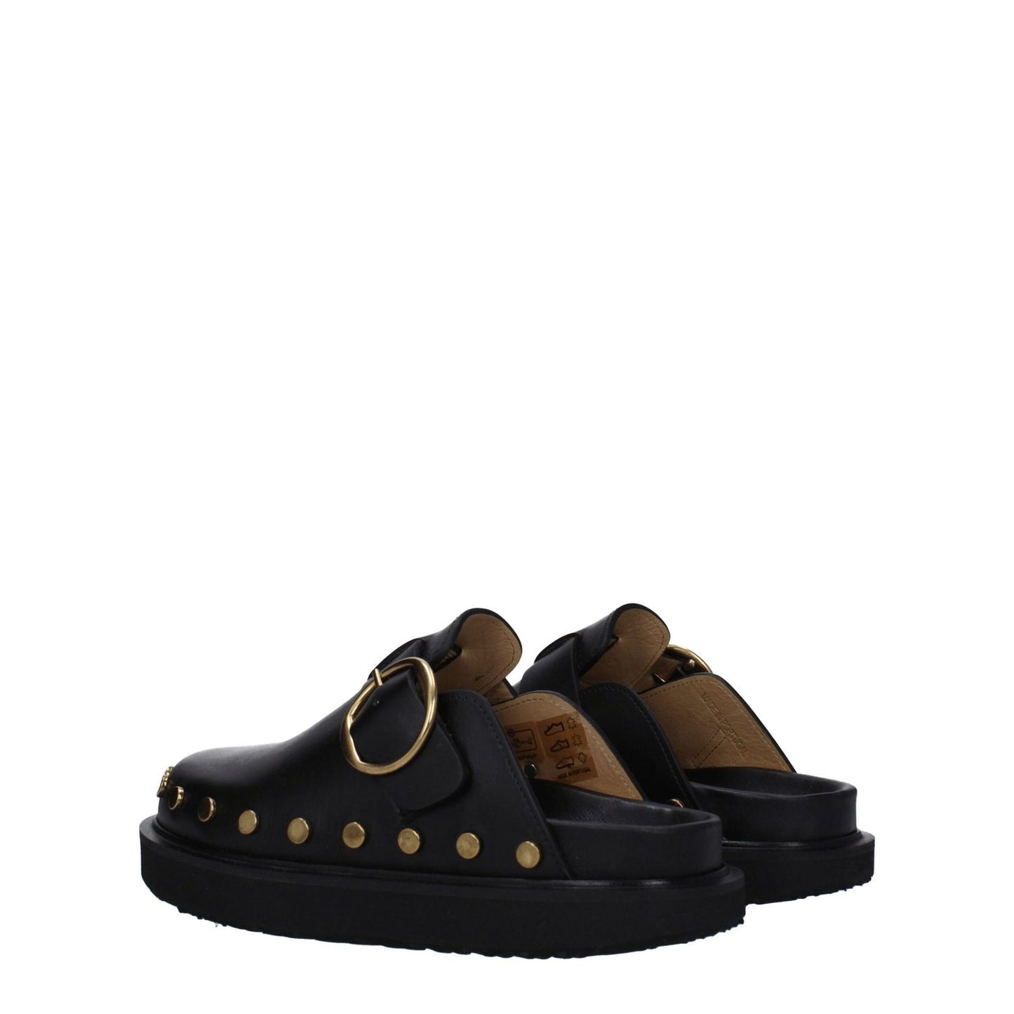 Isabel Marant Black Leather Slippers with gold studs, vintage effect, buckle closure, and rubber sole, perfect for a stylish, low heel look.