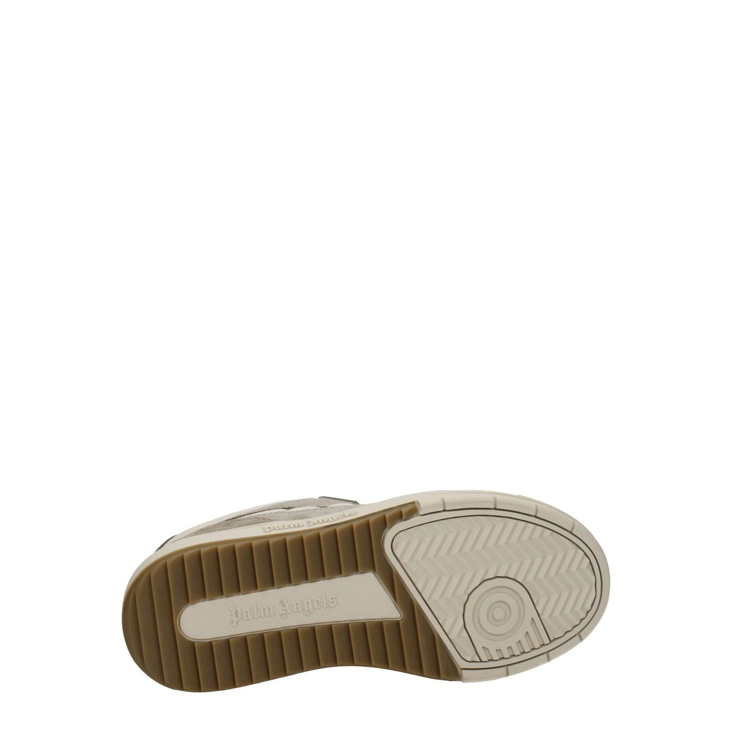 Sole view of Palm Angels Beige Fabric Low Top Sneakers with rubber outsole, displaying logo and sporty glam style.
