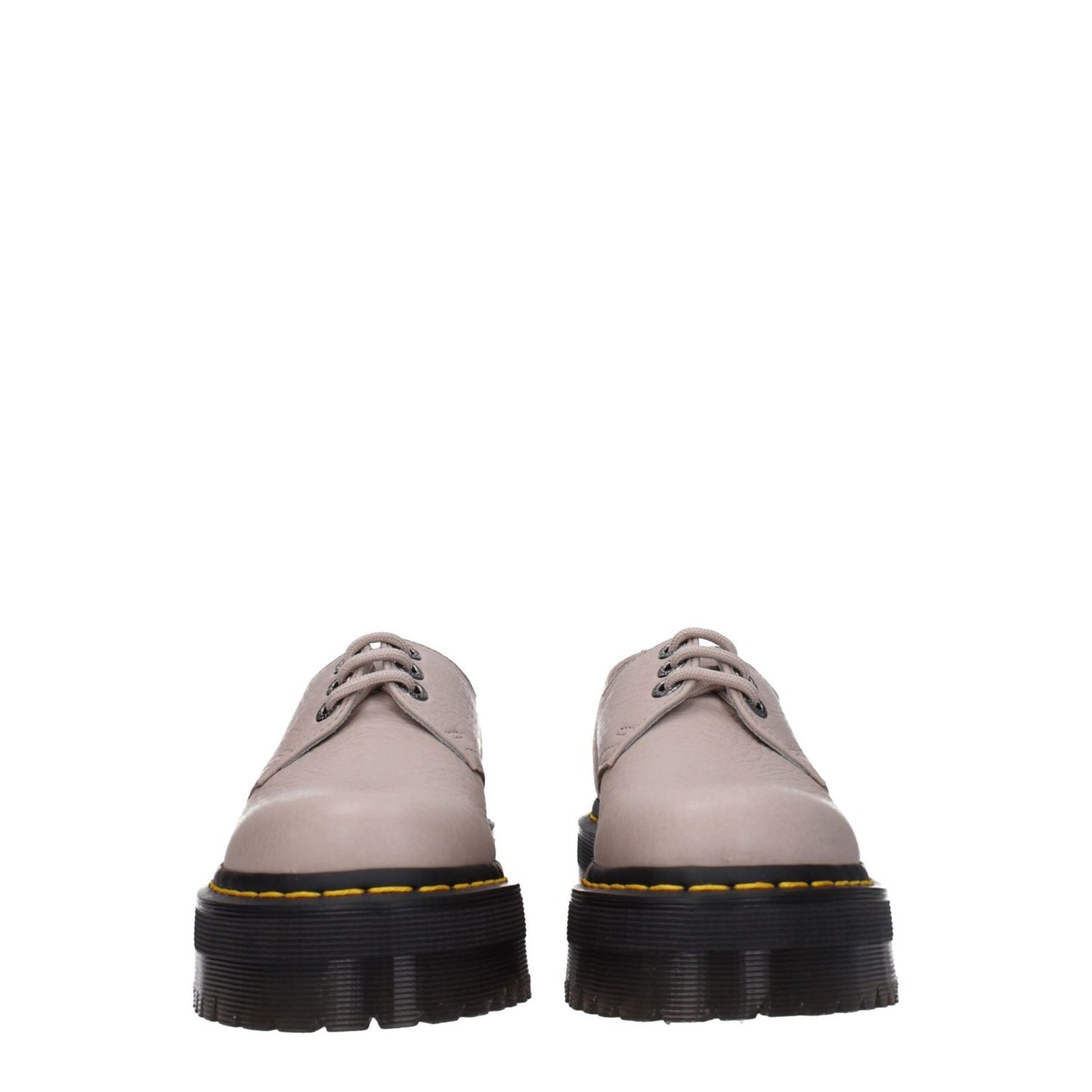 Front view of Dr. Martens Gray Leather Oxfords And Derbies with lace up closure, rubber sole, and mid heels.