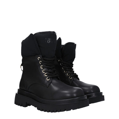 Versace Jeans Black Polyethylene Ankle Boots with lace-up closure, mid heels, and front logo. Round toe and rubber sole.
