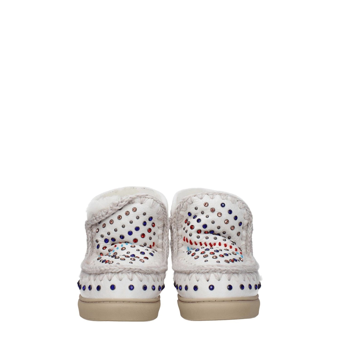 Back view of Mou White Leather Ankle Boots with studs, stones, and logo. Casual style with rubber sole and violet accents.