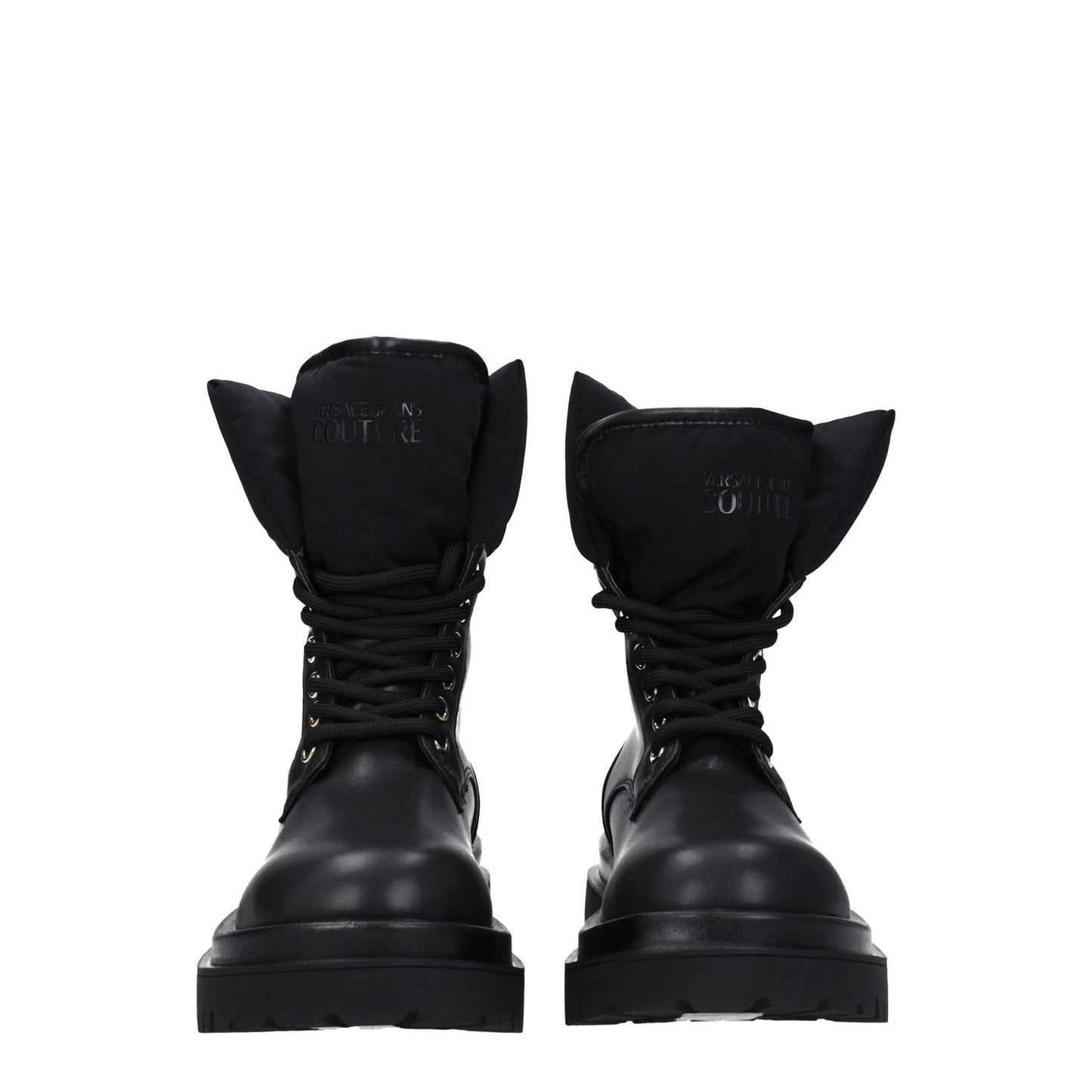 Versace Jeans Black Polyethylene Ankle Boots with front logo and lace-up closure, featuring mid heels and rubber soles.
