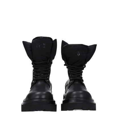Versace Jeans Black Polyethylene Ankle Boots with front logo and lace-up closure, featuring mid heels and rubber soles.