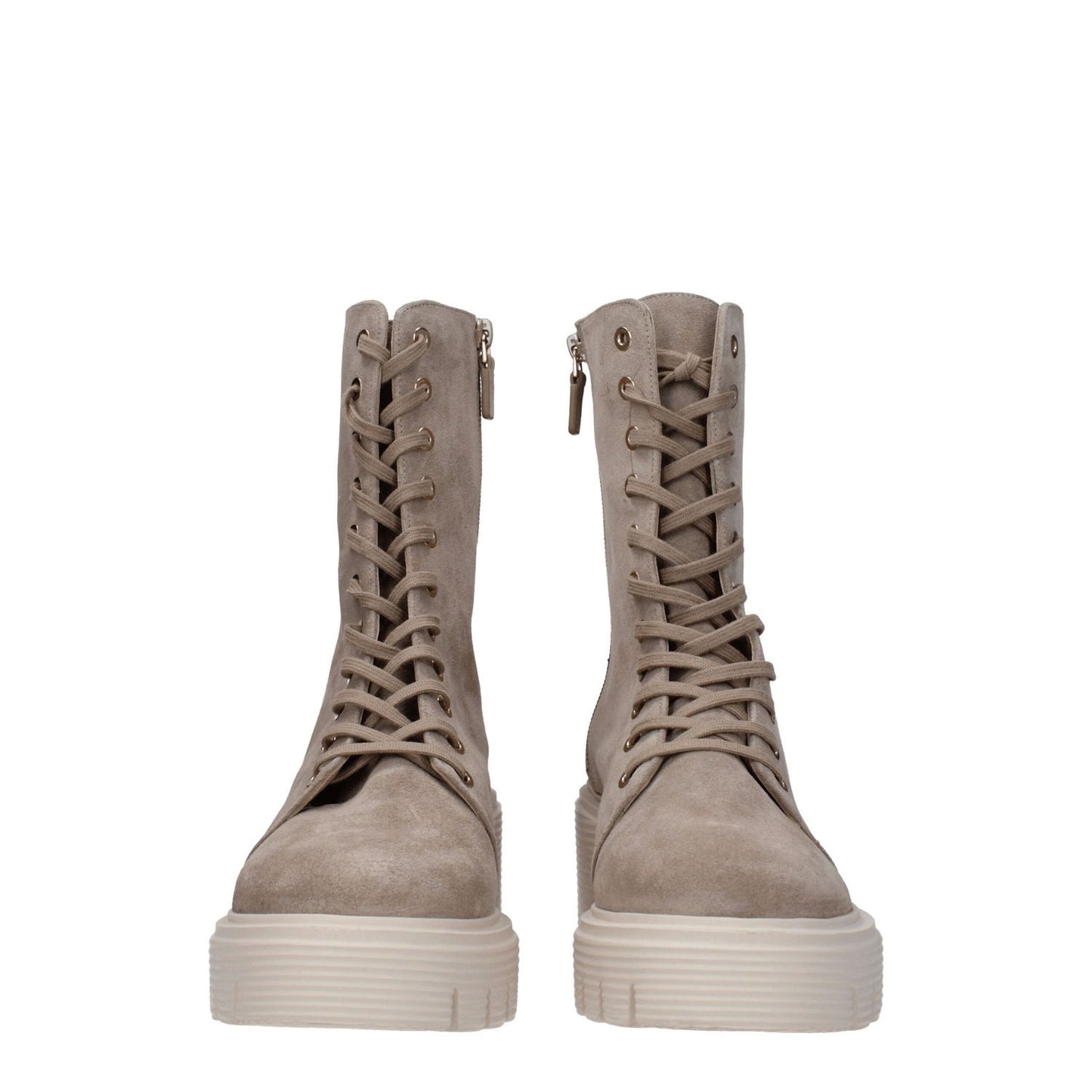 Stuart Weitzman Beige Leather Ankle Boots, lace-up style with a round toe and mid heels, featuring suede material and rubber sole.