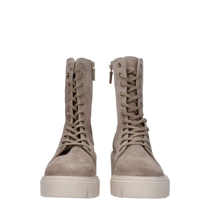 Stuart Weitzman Beige Leather Ankle Boots, lace-up style with a round toe and mid heels, featuring suede material and rubber sole.