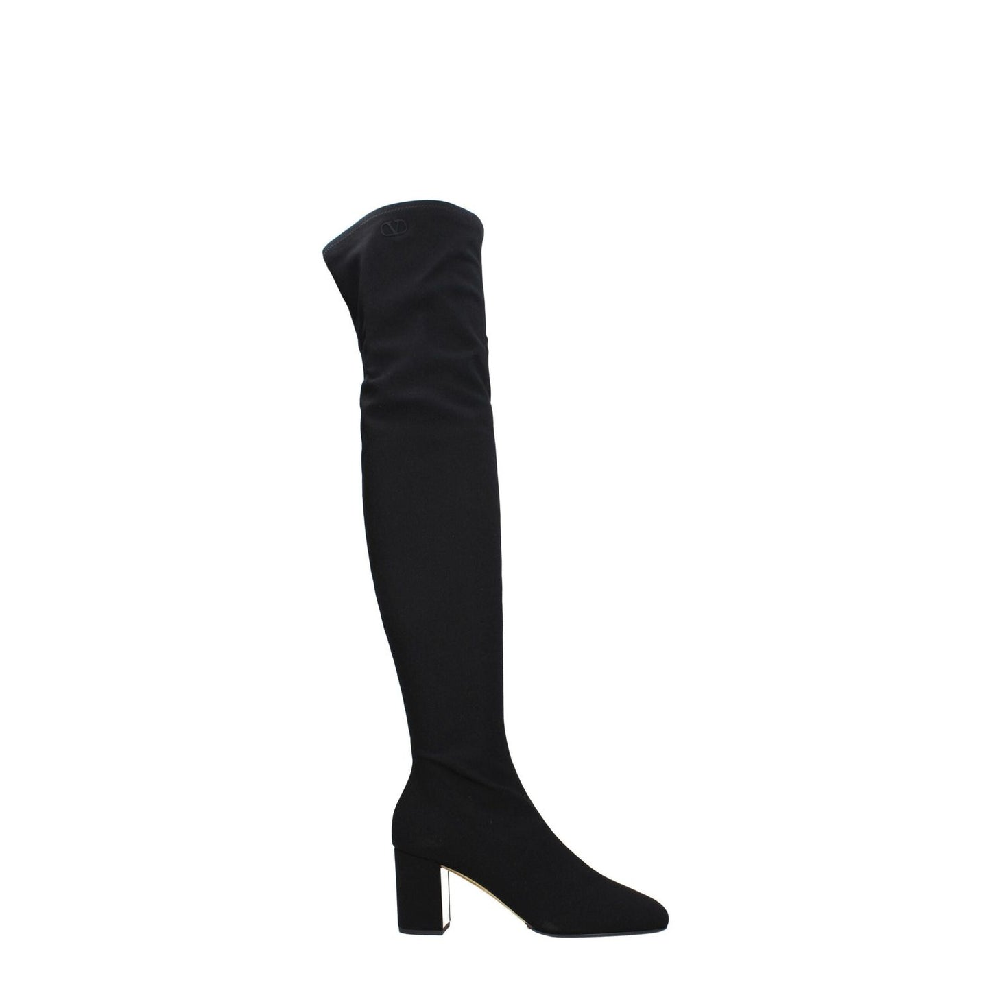 Valentino Garavani Black Fabric Over The Knee boots with square toe and mid heels, featuring a side logo and zip closure.